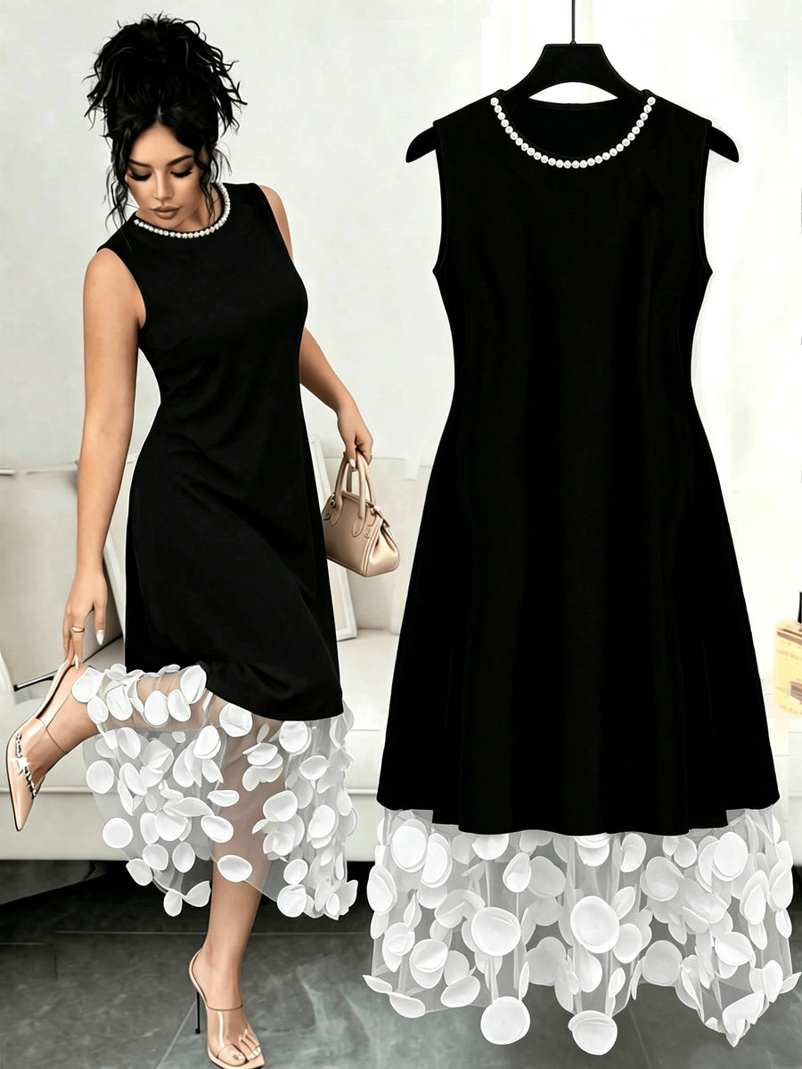 Fashion Solid Color Versatile Round Neck Elegant Women'S Dress, with 3D Patchwork Hem And Beaded Neckline, Summer New Style, Suitable for Elegant Daily Wear, Social Gatherings, Commuting, Outings, Vacations, And More - White