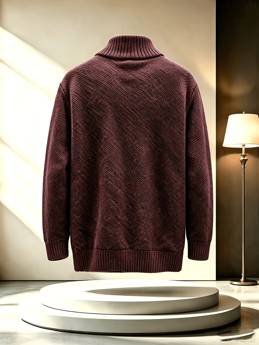 Men'S Stand Collar Zip-Up Knitted Cardigan for Fall Winter, Solid Color Long Sleeve Fleece Lined Casual Sweater Coat, Slim Fit And Versatile for Daily Wear - Burgundy