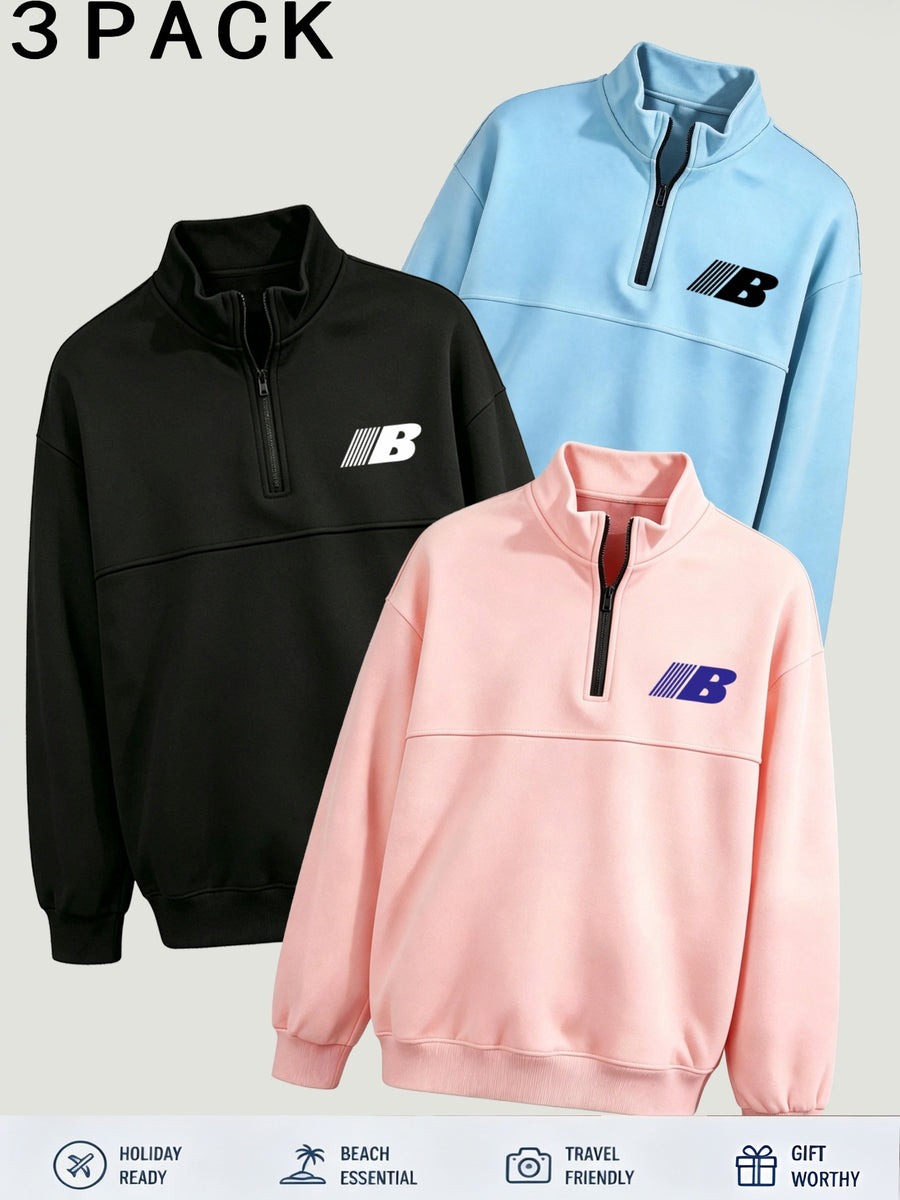 Women's 3pcs Outfit, Half-Zip Stand Collar Printed Sweatshirt, Casual Oversized Drop Shoulder Long Sleeve Top, Lined for Autumn & Winter, Versatile Slim-Fit - Sky Blue + Black + Pink