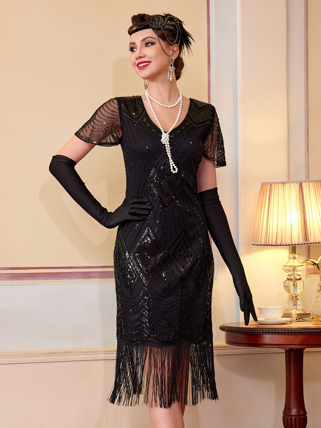 1920S Vintage Sequin Skirt Gatsby Ball Fringe Dress Party Evening Dance Dress Sequined Gown (Dress Solely, No Gloves) - Black
