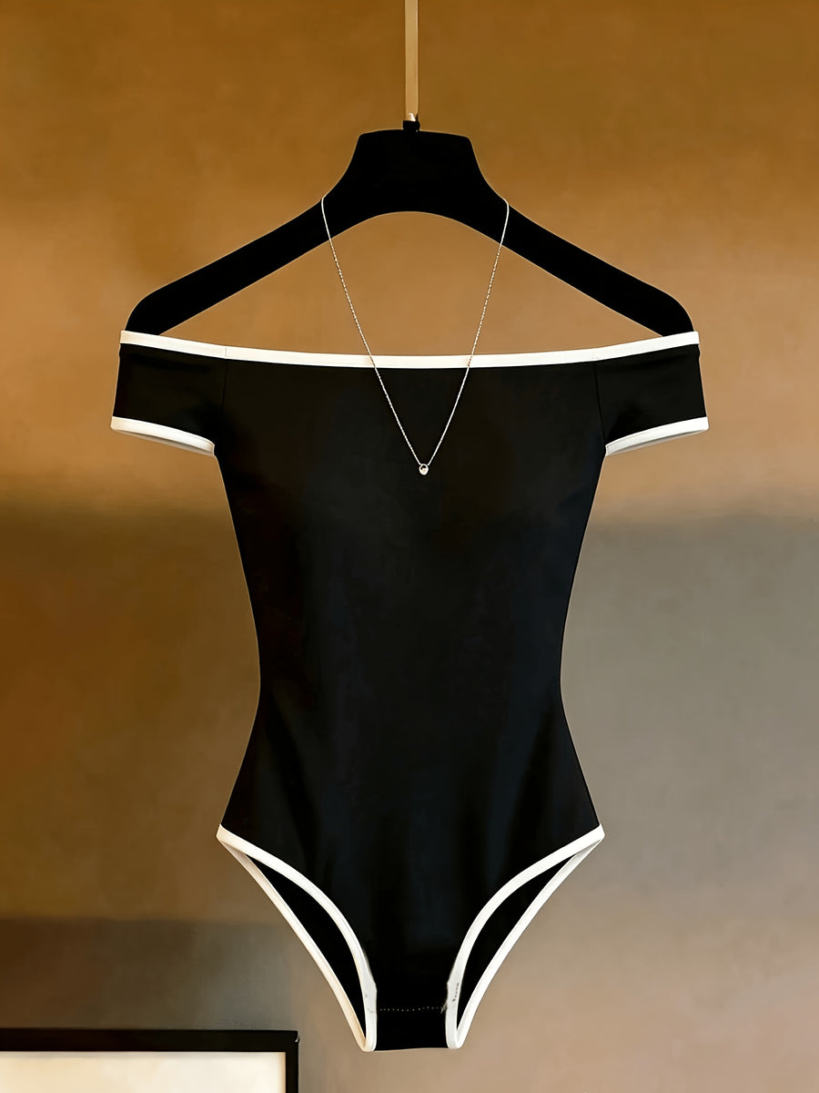 Women'S Off-Shoulder Bodycon Jumpsuit, Minimalist All-Match, Outdoor Vacation, Daily Casual Wear, White Jumpsuit - Black