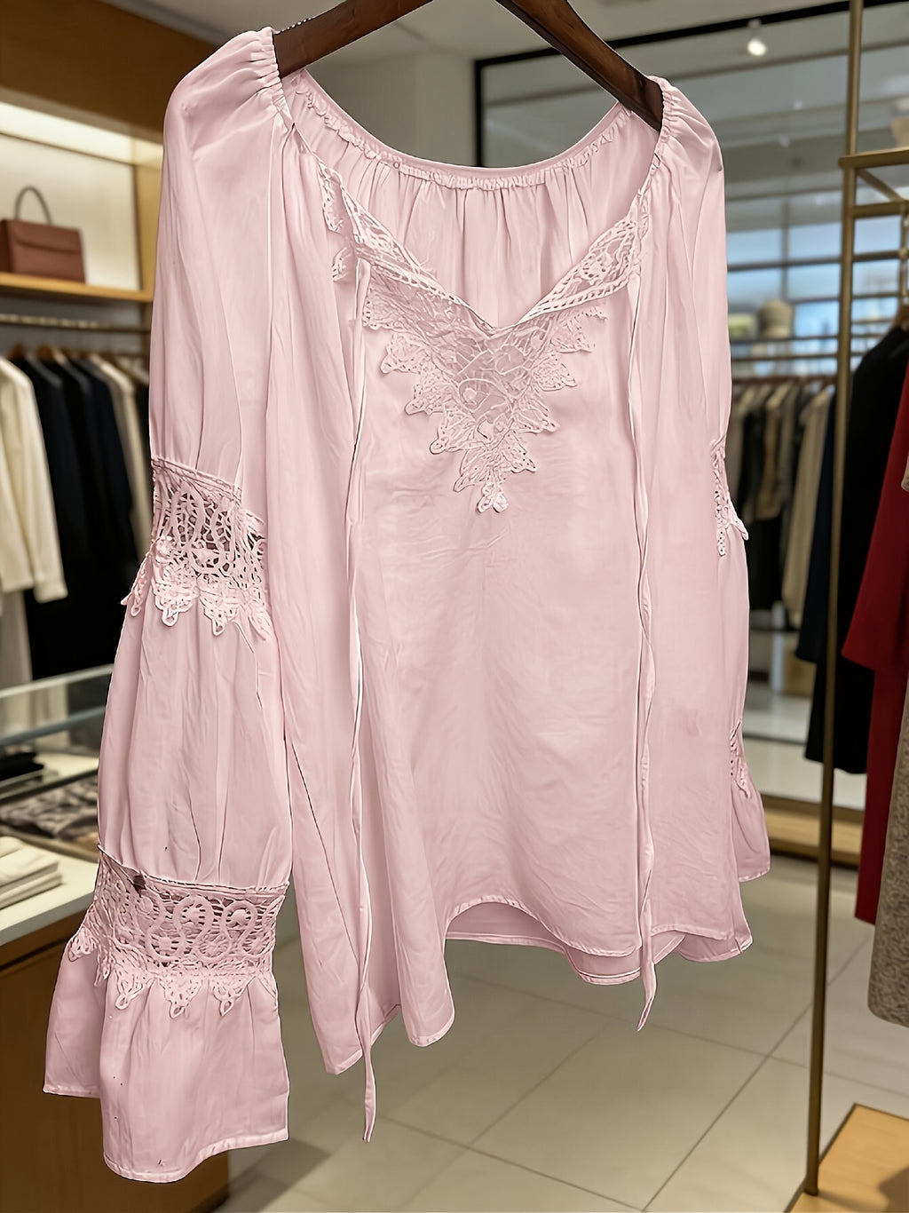 Women'S Spring Summer Retro Lace Patchwork V-Neck Lightweight Comfortable Cute Top, Elegant Comfortable Loose Casual Commute Dress Shirt - pink color
