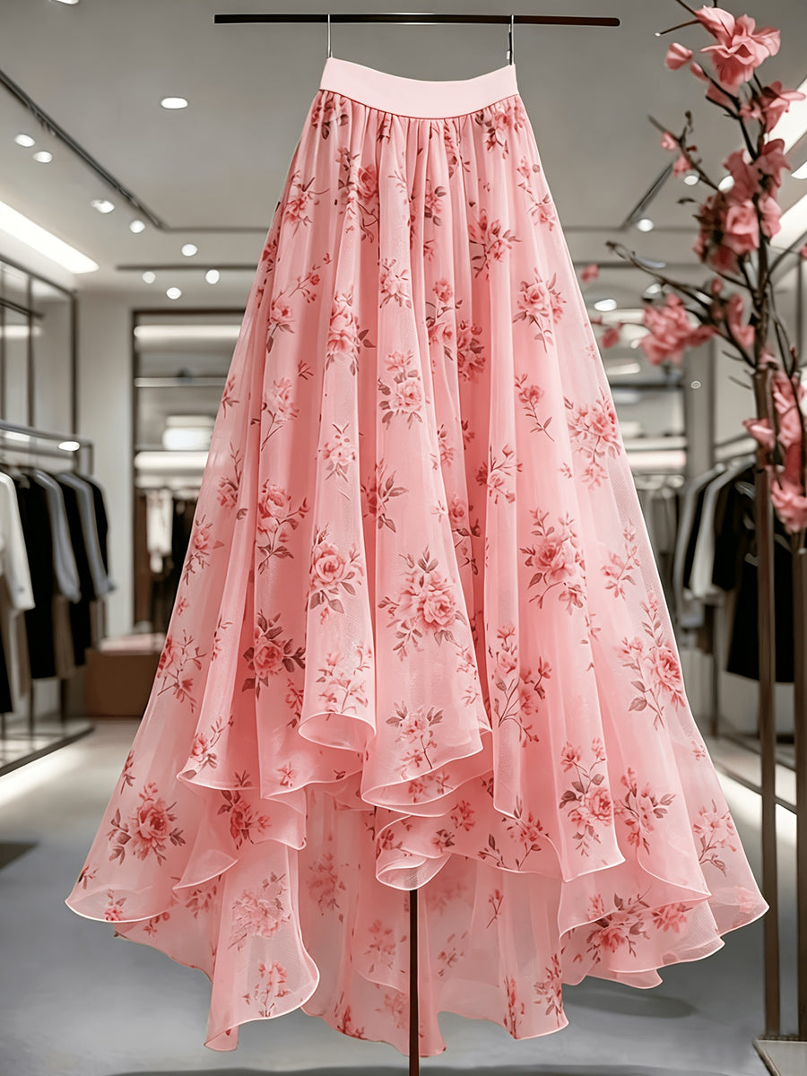 Women'S Spring Summer New Elegant Floral Print Mesh Half Skirt, Suitable for Parties, Vacations, And Dates - Pink