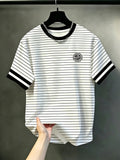 Men'S Short Sleeve T-Shirt, Men'S New Casual Tee, Round Neck Short Sleeve, Men'S Casual Round Neck T-Shirt, Black And White Striped Design, New York "NEWYORK" Word Pattern, Breathable Regular Fit for Daily And Formal Wear - Round Neck Casual Top - Mixed colors