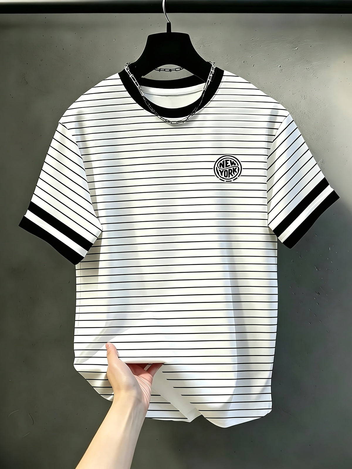 Men'S Short Sleeve T-Shirt, Men'S New Casual Tee, Round Neck Short Sleeve, Men'S Casual Round Neck T-Shirt, Black And White Striped Design, New York "NEWYORK" Word Pattern, Breathable Regular Fit for Daily And Formal Wear - Round Neck Casual Top - Mixed colors