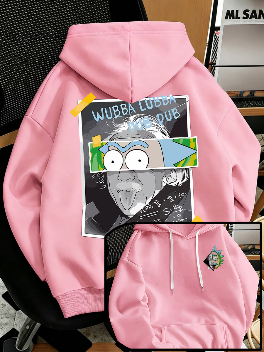 Warner Bros Official Men's Fashion Sweatshirt, Rick's Classic Catchphrase Collage Einstein Polaroid Print Design, Men's Fashion Hoodie Loose Fit with Adjustable Drawstring, -Lined Sweatshirt for Comfortable Fall/Winter Wear, Outdoor Sports Casual - Pink