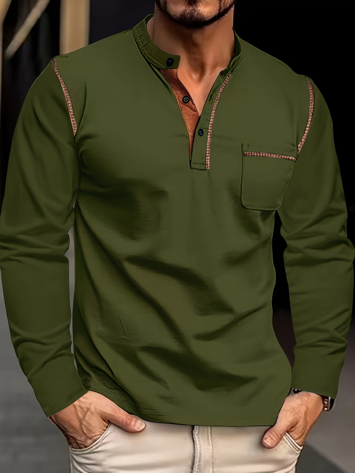 [JOSHIMAI OBM] 4pcs Men'S Long Sleeve Henley Shirts, Soft Comfortable Skin-Friendly Fabric, Lightweight Breathable Easy Care Stand Collar 3-Button Placket with Chest Pocket Detail, Solid Color Casual Top, Versatile for Office Commute - Army Green + Black + White + Burgundy