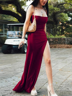 Women's Summer Solid Color Side Slit Hem Maxi Elegant Camisole Dress - Burgundy