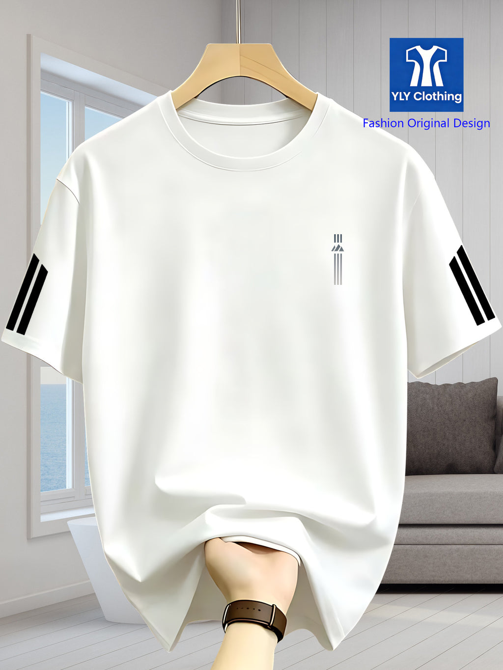 2026 Latest Casual T-Shirt for Men, Featuring a Easy Geometric Pattern And Short Sleeves. It Is Comfortable And Versatile to Wear, with a Design That Combines Vertical Stripes And Triangular Elements - White A