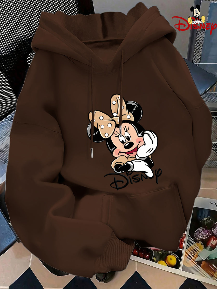 Minnie Mouse Face Print Japanese Hooded Sweatshirt, Loose Casual Kangaroo Pocket Pullover Top - Coffee Brown