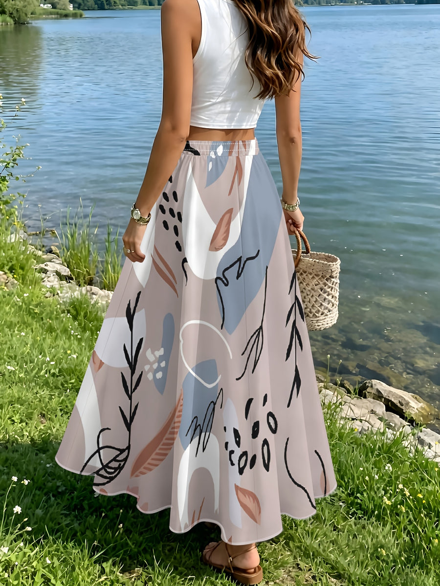Women's Simple and Stylish Half-Skirt with Abstract Hand-Painted Botanical Pattern and Seamless Background Design, High-Waisted Figure-Flattering Versatile Flared Maxi Skirt - Mixed colors