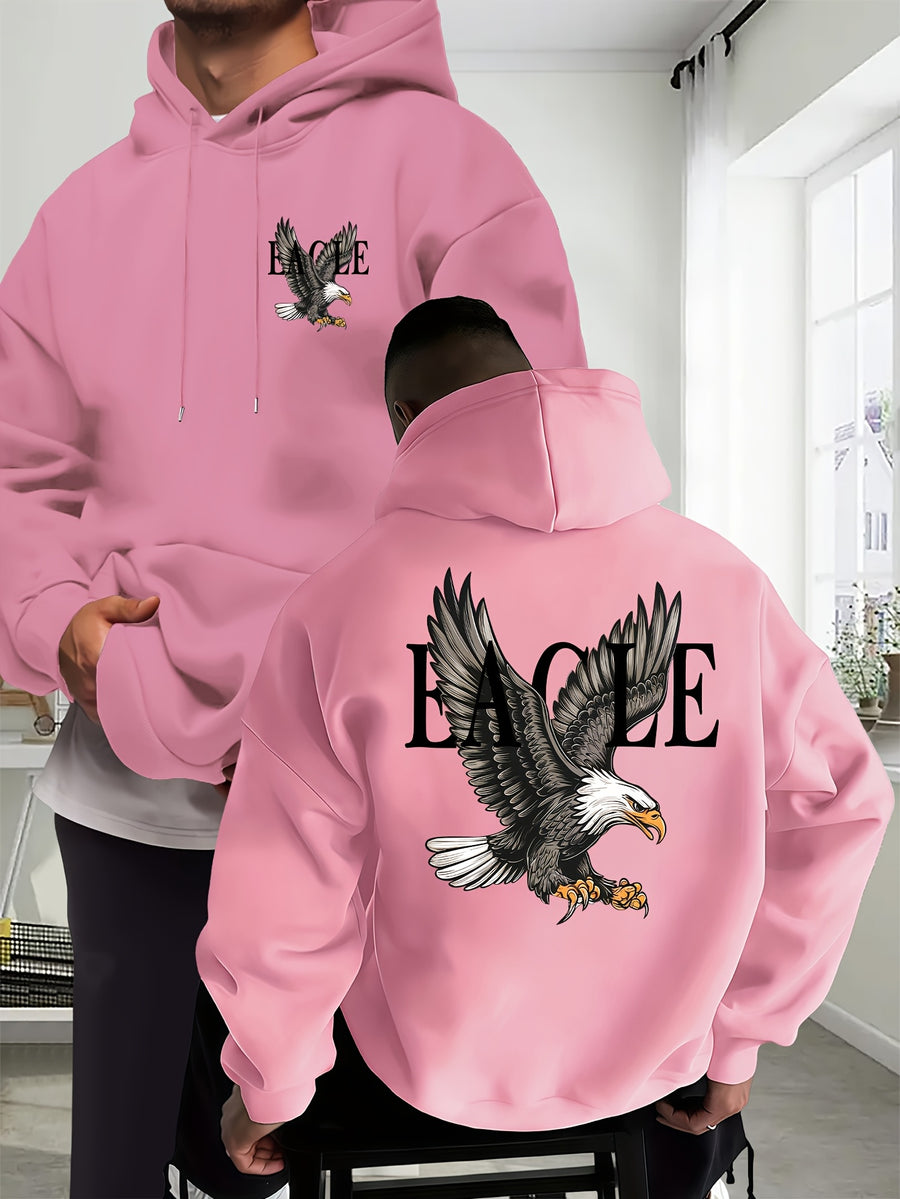 Eagle Men'S New Trendy Autumn And Winter Hoodie, Casual Everyday Drawstring Sweatshirt with Creative Design Print, Featuring a Front Kangaroo Pocket, Unisex Top - Pink Color