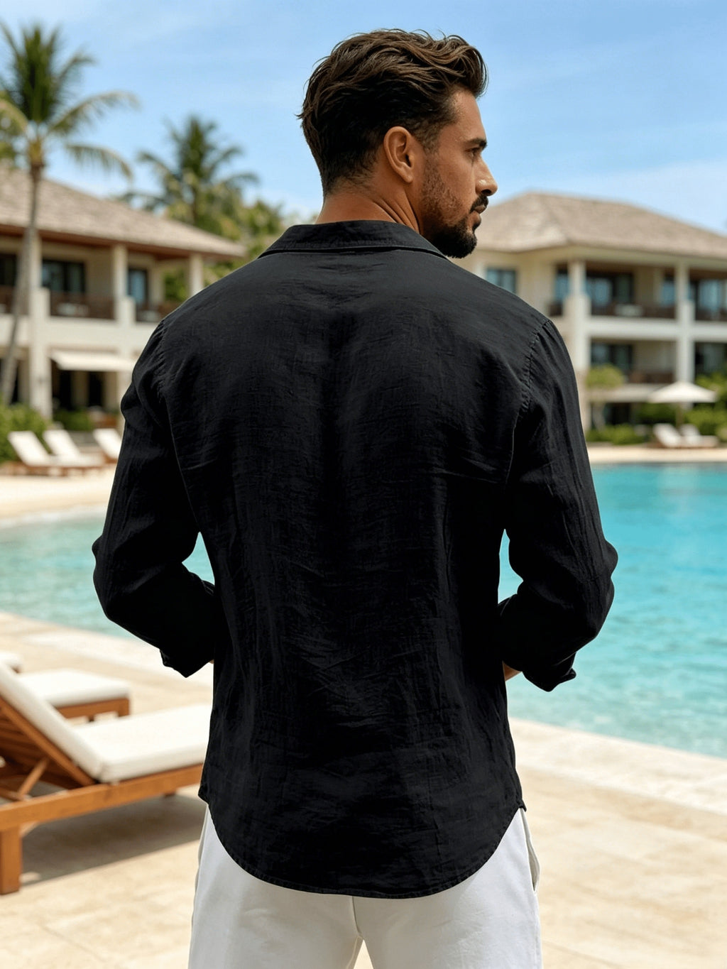 [Pearson OBM] Milan New Men'S Lapel Long Sleeve Shirt Light Luxury Premium Casual Loose All-Match Top Suitable for Seaside Vacation Beach Outing Travel Walking Daily Commute City Outing Date Party Home Wear Fresh Neat Comfortable Durable Good-Lookin - Black