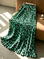 Women's Leopard Print Pleated A-Line Skirt with Elastic Waistband - Elastic Waistband Suitable for Spring, Summer, and Autumn, Machine Washable Non-sheer Skirt, Ideal for Both Casual and Formal Wear - Green
