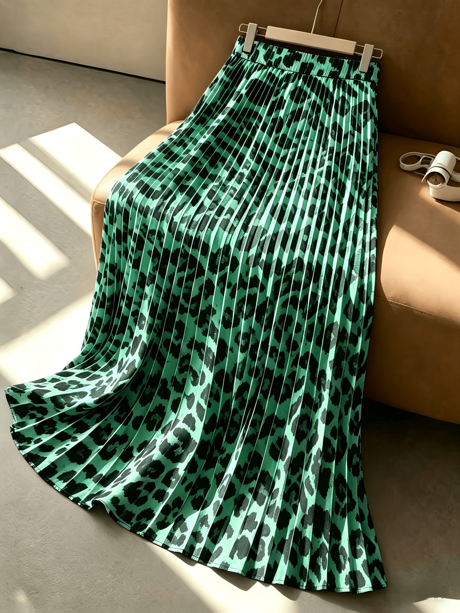 Women's Leopard Print Pleated A-Line Skirt with Elastic Waistband - Elastic Waistband Suitable for Spring, Summer, and Autumn, Machine Washable Non-sheer Skirt, Ideal for Both Casual and Formal Wear - Green