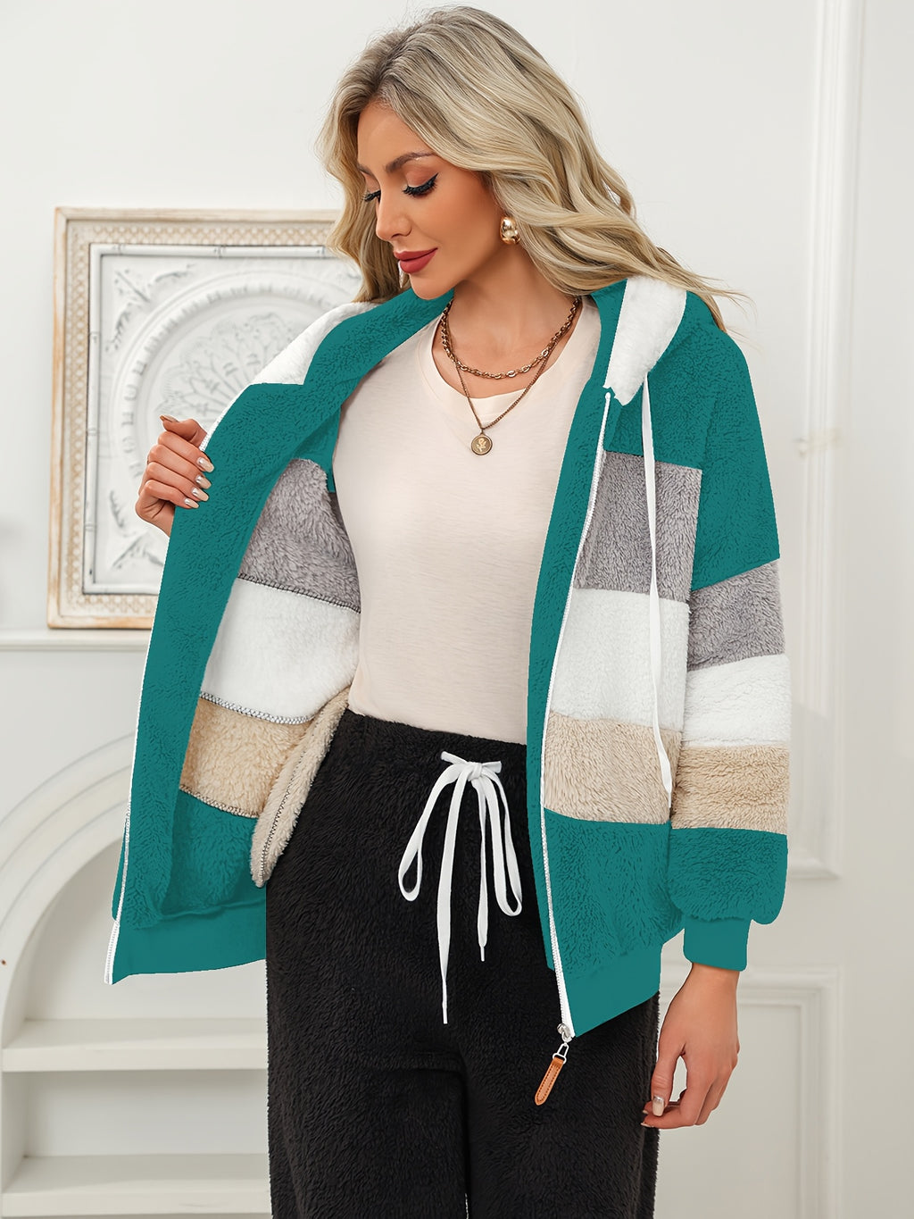 Women'S Warm Fleece Color Block Hooded Jacket Zip Up Chunky Plush Coat with Pockets Casual Loose Fit Winter Outerwear Soft Fluffy Jacket Multiple Colors Available - Green