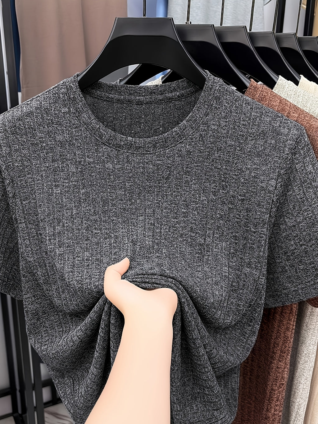 Men'S Round Neck Vertical Ribbed Knit T-Shirt, Summer Breathable Commuter Business Style, Casual Versatile Short Sleeve Top, Basic Round Neck Design, Neat Stitching, Contouring Neckline, Unrestrictive for Daily Activities - Black Gray
