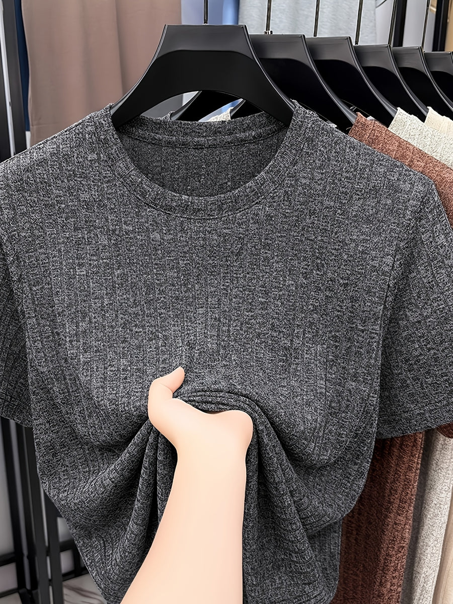 Men'S Round Neck Vertical Ribbed Knit T-Shirt, Summer Breathable Commuter Business Style, Casual Versatile Short Sleeve Top, Basic Round Neck Design, Neat Stitching, Contouring Neckline, Unrestrictive for Daily Activities - Black Gray