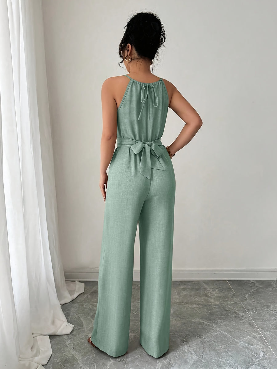 Women's Spring/Summer Casual Pleated Strappy Twist-Waist Maxi Jumpsuit - Green