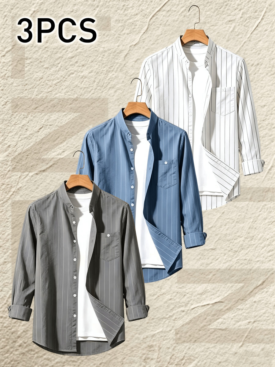 Pearson OBM 3pcs Set Men's Striped Linen Long-Sleeve Shirt; Sporty Casual Lapel Shirt with Pockets; Fashionable, Breathable, and Comfortable Fabric; Top for Beach Vacations and Outdoor Travel - Gray+Blue+White