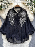 Light Luxury Socialite Heavy Bead Sequin Embroidery Lantern Sleeve Shirt Women'S Summer Thin Loose Outerwear Long Sleeve Top - Black