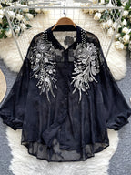 Light Luxury Socialite Heavy Bead Sequin Embroidery Lantern Sleeve Shirt Women'S Summer Thin Loose Outerwear Long Sleeve Top - Black