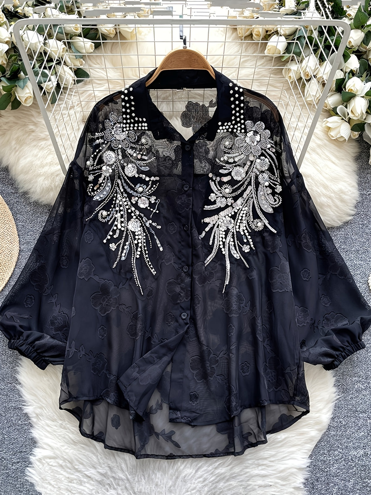 Light Luxury Socialite Heavy Bead Sequin Embroidery Lantern Sleeve Shirt Women'S Summer Thin Loose Outerwear Long Sleeve Top - Black