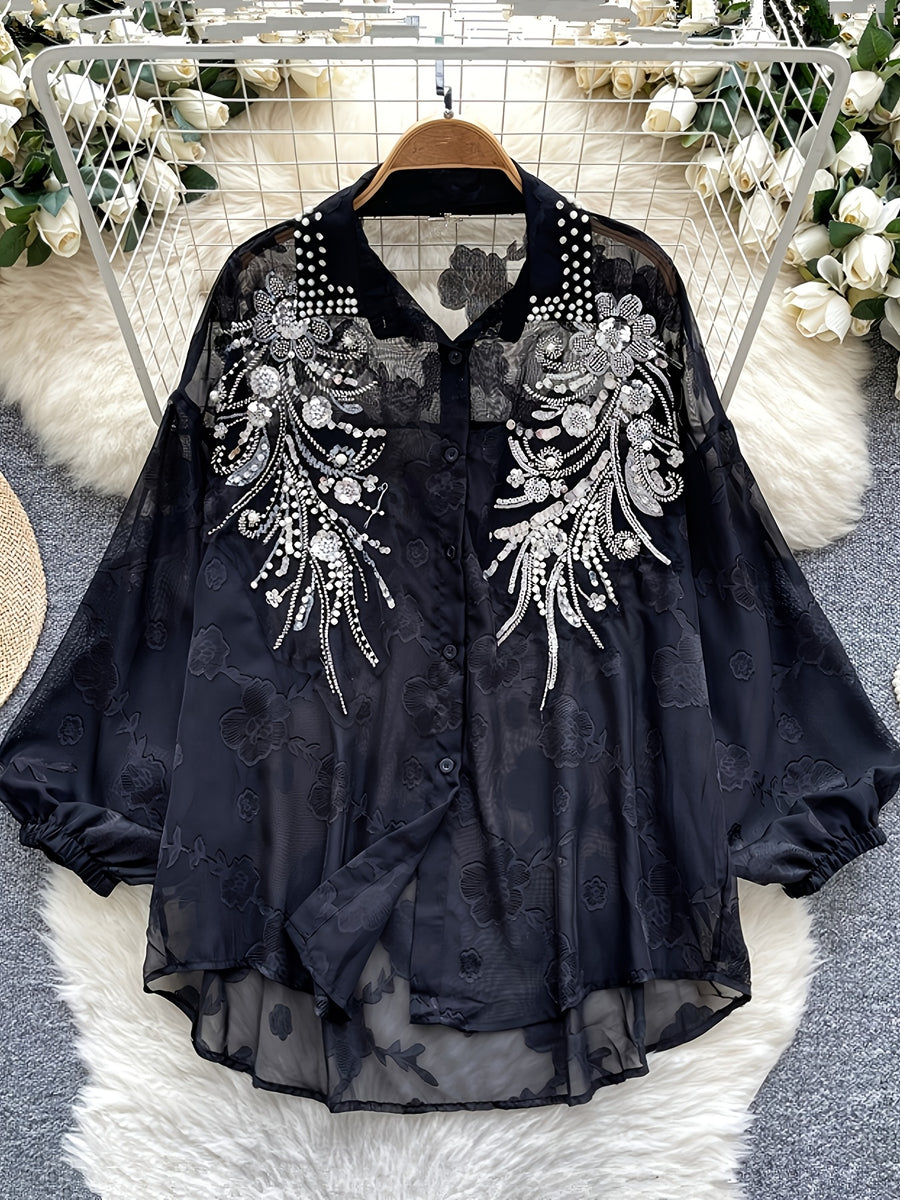 Light Luxury Socialite Heavy Bead Sequin Embroidery Lantern Sleeve Shirt Women'S Summer Thin Loose Outerwear Long Sleeve Top - Black