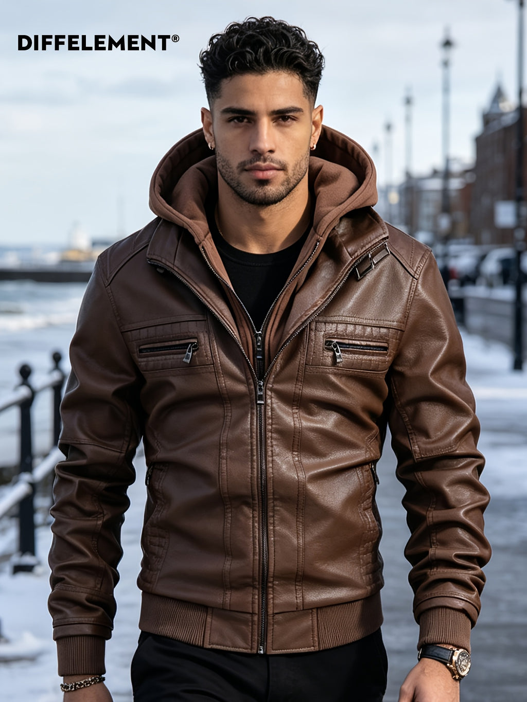 DIFFELEMENT Men's Detachable Hooded Motorcycle Jacket, Windproof and Warm for Winter, Soft and Smooth Fabric, Double-Layer Zipper Design, Multiple Zippered Pockets, Cuffed Sleeves, Regular Fit Motorcycle Outerwear. Suitable for Motorcycle Riding - Coffee Color
