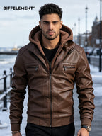 DIFFELEMENT Men's Detachable Hooded Motorcycle Jacket, Windproof and Warm for Winter, Soft and Smooth Fabric, Double-Layer Zipper Design, Multiple Zippered Pockets, Cuffed Sleeves, Regular Fit Motorcycle Outerwear. Suitable for Motorcycle Riding - Coffee Color