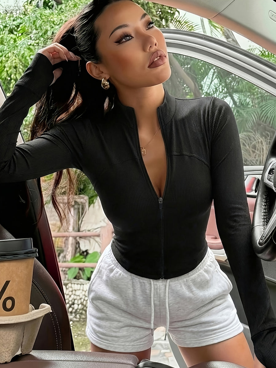 Ymjiglea Sporty Casual Style Slim-Fit Zipper Jacket, Four Seasons Versatile Stand Collar Jacket,, Sleek, and Comfortable - Black Lulu
