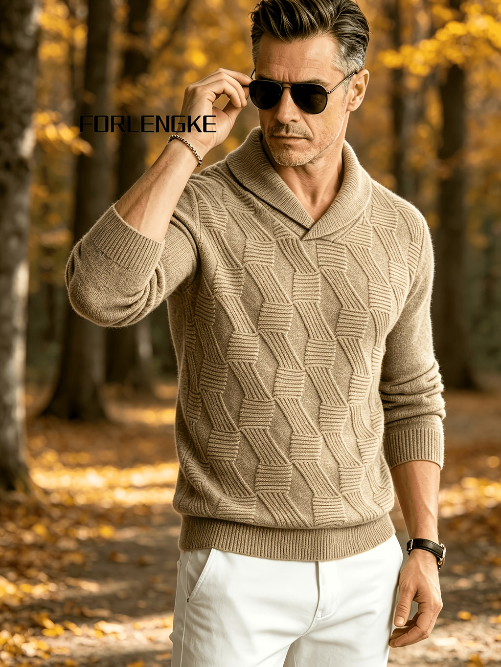 FORLENGKE Men's Business Casual Stylish Geometric Textured Knit Sweater, Soft Warm Long Sleeve Pullover for Fall Winter Office Daily Wear - Khaki