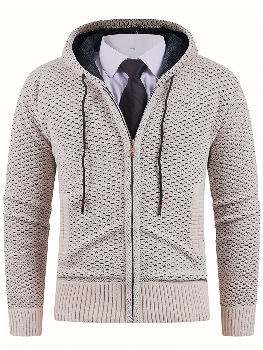 Solid Color Men'S Autumn And Winter New Style Men'S Coarse Yarn Knitted Long Zipper Cardigan Long Sleeved Hooded Drawstring Fashionable Casual Business Versatile with Thick Velvet Insulation Pocket Sports Vitality Elastic Jacket - Off-white