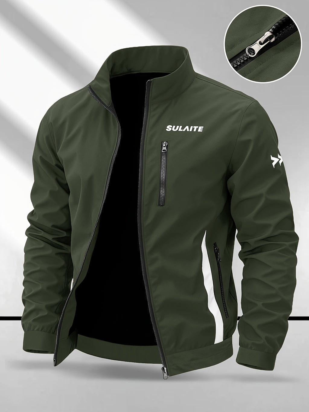 Trendy Vintage Men's Spring/Autumn New Casual Versatile Jacket Outdoor Sports Windproof Coat with Contrasting Color Stand Collar, Transitional Layering Essentials - Olive