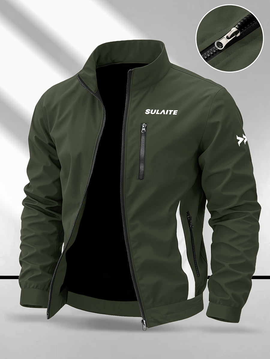 Trendy Vintage Men's Spring/Autumn New Casual Versatile Jacket Outdoor Sports Windproof Coat with Contrasting Color Stand Collar, Transitional Layering Essentials - Olive