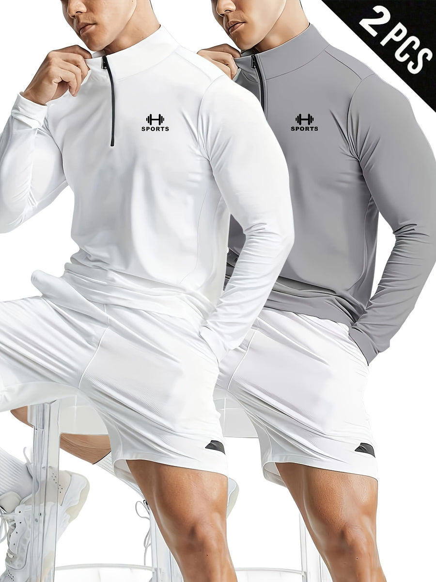 2pcs Set Men'S Casual Athletic Long Sleeve, Casual Athletic Top, Men'S Slim Fit Athletic Polo Shirt, Men'S Stand-Up Collar Polo Shirt, Fashionable And Versatile, Slim Fit, Half-Zipper Stand-Up Collar Design Detail, Suitable for Jogging, Cycling - White+gray