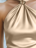 Spring Summer New Women'S Top, French Niche Design Halter Cami, Metal Buckle Decor, Satin Smooth Comfortable Luxurious Texture Top - Khaki