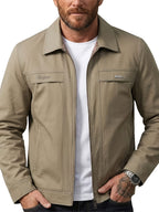 1pc Men'S Lapel Cargo Jacket, Solid Color Zipper Casual Coat, Retro Pocket Outerwear, Suitable for Men'S Daily Commute, Office, Street Style, Outdoor Activities - Light Khaki