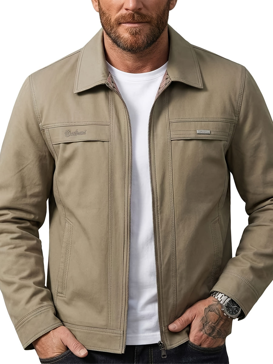 1pc Men'S Lapel Cargo Jacket, Solid Color Zipper Casual Coat, Retro Pocket Outerwear, Suitable for Men'S Daily Commute, Office, Street Style, Outdoor Activities - Light Khaki