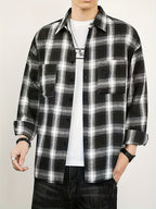 Men'S Casual Plaid Long Sleeve Shirt, Lapel Button-Up Shirt, Double Pocket Design, Classic Checkered Pattern, Twill Fabric, Comfortable And Breathable, Suitable for Spring And Autumn, Casual Outing, Men'S Dress Shirt, Men'S Shirt, Casual Business - Black And White Plaid