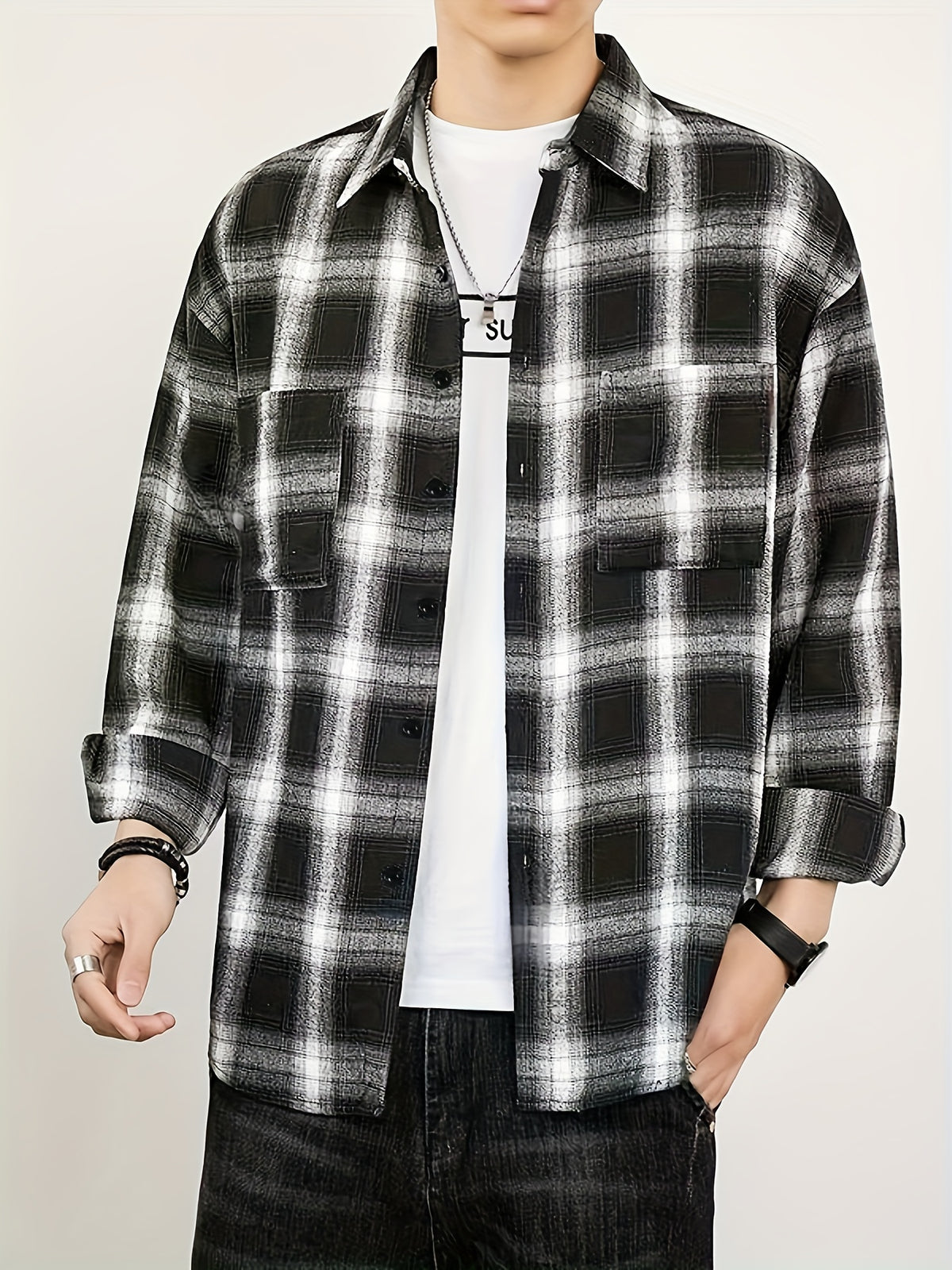 Men'S Casual Plaid Long Sleeve Shirt, Lapel Button-Up Shirt, Double Pocket Design, Classic Checkered Pattern, Twill Fabric, Comfortable And Breathable, Suitable for Spring And Autumn, Casual Outing, Men'S Dress Shirt, Men'S Shirt, Casual Business - Black And White Plaid