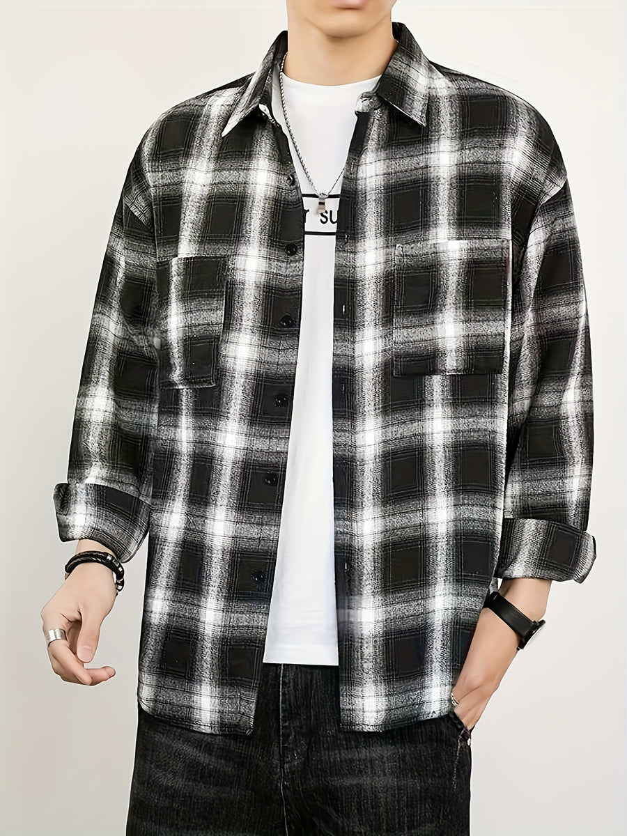 Men'S Casual Plaid Long Sleeve Shirt, Lapel Button-Up Shirt, Double Pocket Design, Classic Checkered Pattern, Twill Fabric, Comfortable And Breathable, Suitable for Spring And Autumn, Casual Outing, Men'S Dress Shirt, Men'S Shirt, Casual Business - Black And White Plaid