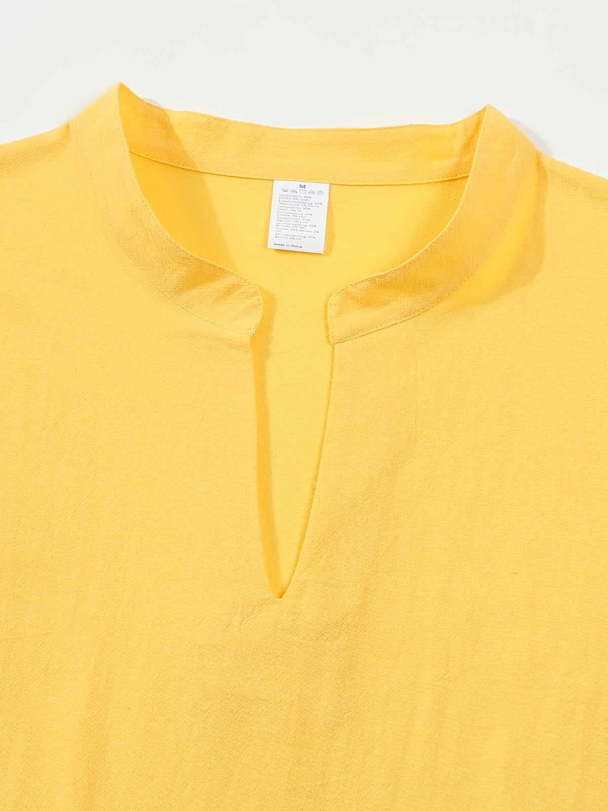 Men'S Stand Collar Short V-Neck Top, Lightweight Comfortable Solid Color Casual Shirt, Commute Easy Single Piece T-Shirt - Yellow