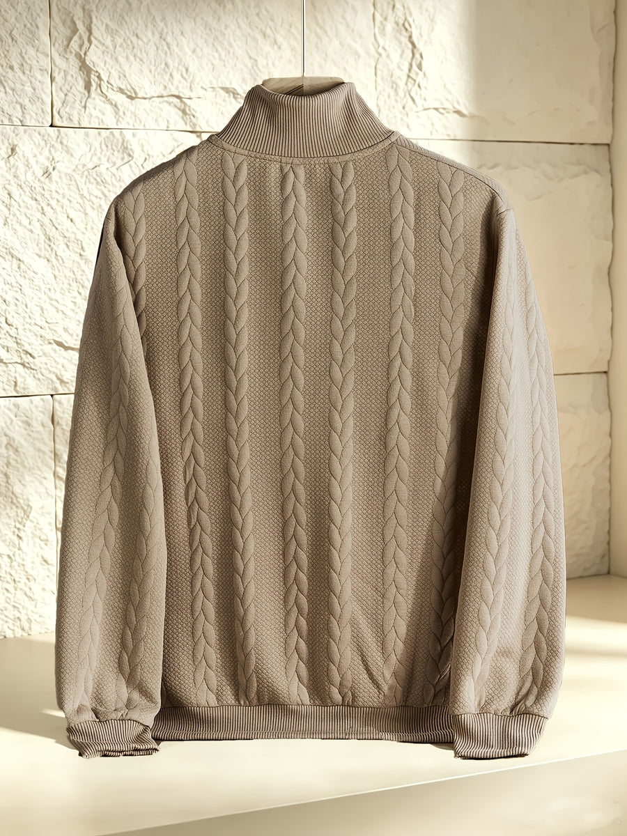 BOWZ Men's Knitted Top, Patchwork Design Stand Collar Sweatshirt with Zipper, Autumn/Winter Warm Sweater, Loose Fit, Suitable for Outdoor Vacations, Casual Sports, Random Jacquard Texture - Khaki 1