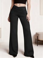 Women'S Crossed Waist Straight Leg Pants, Mesh Waistband Design, Solid Color Slightly Elastic Casual Trousers Suitable for Travel And Dates - Black