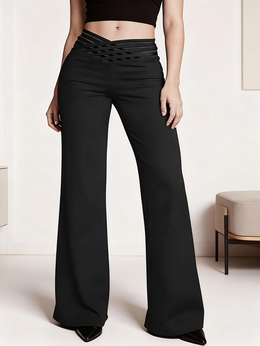 Women'S Crossed Waist Straight Leg Pants, Mesh Waistband Design, Solid Color Slightly Elastic Casual Trousers Suitable for Travel And Dates - Black