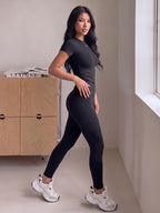 Round Neck Short Sleeve High-Waist Butt-Lifting Pants Set, Stretchy Nude-Feel Skin-Friendly 2pcs Set, Quick-Drying Breathable Wear, Tummy Control Peach Butt Training Outfit, Versatile Wearable Outer Casual Swear. 4-Way Stretch with Zero Restriction - Black