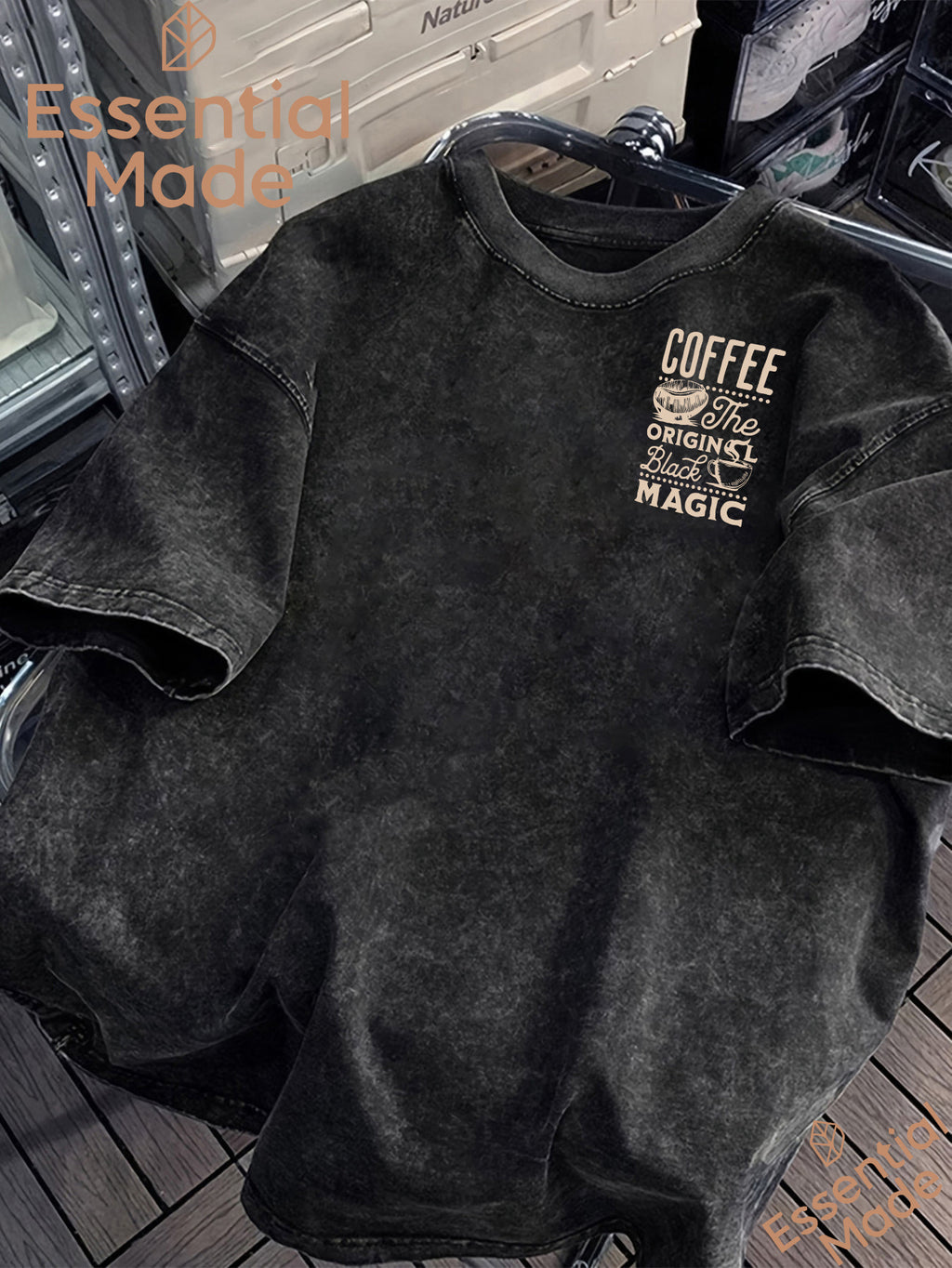 American High Street COFFEE Coffee Bean Cafe Themed Letter Print Distressed Washed Short-Sleeve T-Shirt - Loose Fit Casual American Vintage Style Men's Washed T-Shirt Casual Top - Black 1
