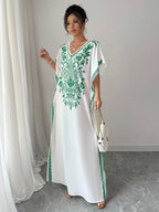 Women'S Summer Elegant Casual Robe, Floral Print V-Neck, Slit Long Dress - Green