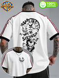 Warner Bros Official Everyday Versatile Striped Raglan T-Shirt, Vintage Sketch Layout with DC Joker English Slogan, Loose Short-Sleeve Top, Double-Sided Front and Back Print, Men's 100% Pure Cotton Versatile Sporty Casual Style Summer Short-Sleeve - White